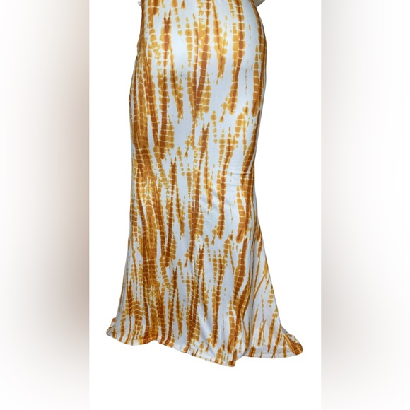UNBRANDED Yellow/White Tie Dye Racerback Halter Mermaid Fitted Cutout Maxi Dress - Picture 12 of 13